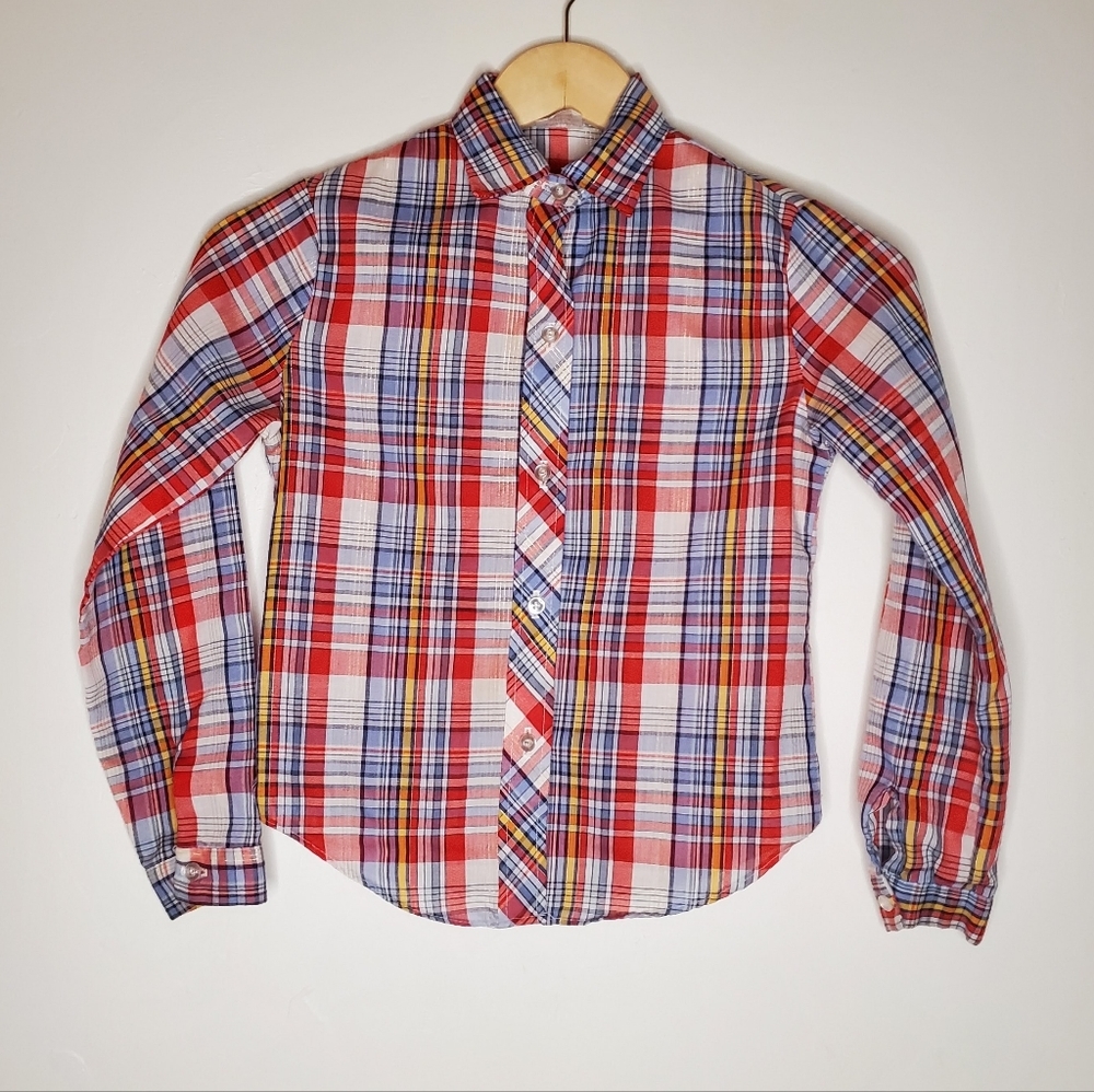 Bright and Basic Multi-color Vintage Plaid Shirt with Metallic Gold Threads - Picture 11 of 12